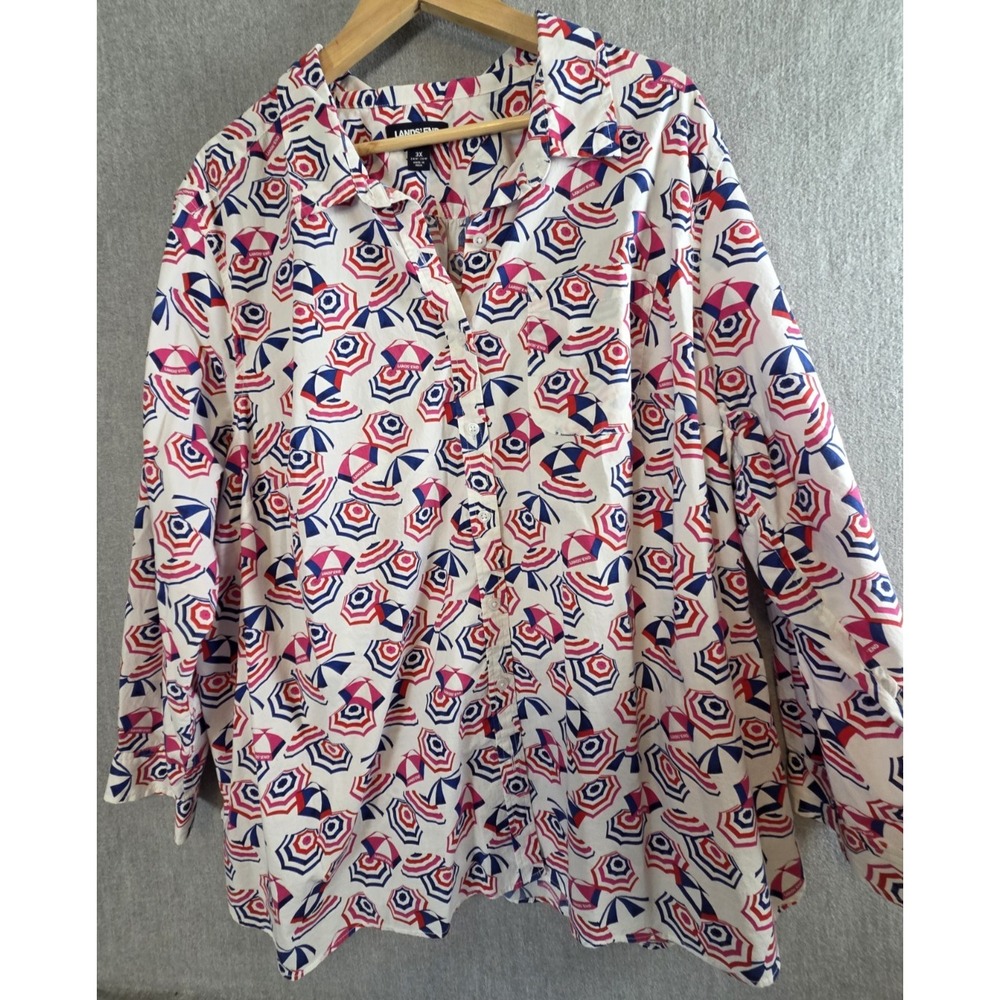 Lands End 3X Button Up Shirt Pink Red Blue Umbrellas Long Sleeve Rainy Day Fun